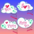 Love stickers. Love you. I love you. Valentine labels. Romantic text. Beautiful gradient clouds. Cloud frames. Set of 4.