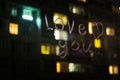 Love you, inscription text by lipstick on the window glass in the night. Love concept. Royalty Free Stock Photo