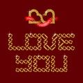 Love You intertwined golden glittering bands font lettering with two connected hearts valentine logo on red background Royalty Free Stock Photo