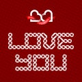 Love You intertwined white bands font lettering with two connected hearts valentine logo on background with red hearts Royalty Free Stock Photo