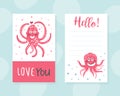 Love You Invitation Card Template with Cute Funny Pink Octopus, Invitation, Greeting Card Design Vector Illustration Royalty Free Stock Photo