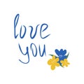 love you lettering and flowers hand drawn doodle. vector, minimalism, card template. Royalty Free Stock Photo