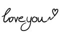 Love you lettering text and heart shape isolated on a white background. Phrase for Valentine`s day. Hand written calligraphy styl Royalty Free Stock Photo