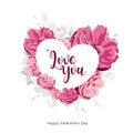 Love you message on white heart with pink flower happy valentines day