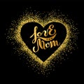 Love You Mom text isolated on background with golden heart. Royalty Free Stock Photo