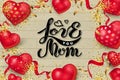 Love You Mom on wood background with hearts Royalty Free Stock Photo