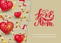 Love You Mom on wood background with hearts, golden confetti, paper sheet Royalty Free Stock Photo