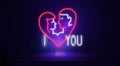 neon silhouettes of lovers in the shape of a heart in neon style. Love You neon text, bright signboard, light banner Royalty Free Stock Photo