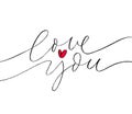 Love you phrase with red heart. Vector hand drawn brush style modern calligraphy.