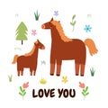 Love You print with a cute mother horse and her baby foal Royalty Free Stock Photo