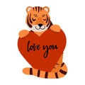 Love you quote. Cute tiger in love. Romantic animal is sitting and holding heart in paws