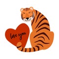 Love you quote. Cute tiger in love. Romantic animal is sitting and holding heart in paws