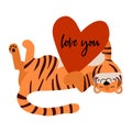 Love you quote. Cute tiger in love. Romantic lying animal holding heart in paws