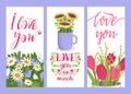 Love you sign floral card, vector illustration. Colorful template flyer with floral decoration, daisies, sunflowers and