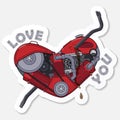 Love You. Sticker for messenger. Motor heart pierced with a crowbar. Vector