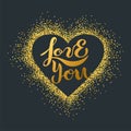 Love You text isolated on background with golden heart. Handwritten lettering Love You as logo, badge, icon, patch, sticker. Royalty Free Stock Photo