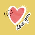 Love you text, watercolor heart. Modern cute minimalism collage style. Vector paper art.