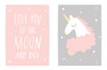 Love you to the moon and back. Child`s gently pink gray poster with a unicorn and lettering composition