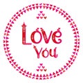 Valentines day love you label. Fancy heart pattern word art sticker. Hearts and flag circle border. Marriage wedding anniversary.