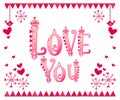 Love you vector background. Colorful flag pattern poster. Dangling love birds and love flakes design. Flying hearts. Pink gradient