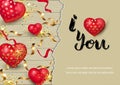 Love You on wood background with hearts, golden confetti, paper sheet Royalty Free Stock Photo