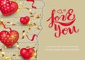 Love You on wood background with hearts, golden confetti, paper sheet Royalty Free Stock Photo