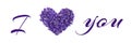 Love you words writen with flowers and letters isolated on white background. Violets love text. Valentine`s day greeting Royalty Free Stock Photo