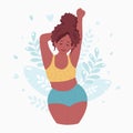 Love your body, body positive, beauty diversity concept. Attractive overweight black woman in underware. Vector