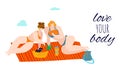 Love your body, fat bodypositive women onbeach eating fruits in summer dressed in swimsuits, overweight vector