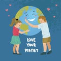 Love your planet. Young children embrace globe. Vector illustration. Royalty Free Stock Photo