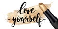 Love yourself - black handwritten lettering with black glossy lipstick tube, golden lipstick smear isolated on white background.