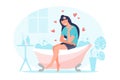 Love yourself concept. Female character spend time in the bathroom and relaxing. Smiling woman Royalty Free Stock Photo