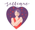 Love yourself. Girl with heart shaped long hair. Self care, love yourself icon or body positive concept. Happy woman Royalty Free Stock Photo