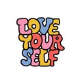 Love yourself - groovy lettering design. Contour hand drawn graphic isolated on white background. Retro Cartoon 70s Royalty Free Stock Photo