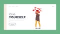 Love yourself Landing Page Template. Child Self Love Concept with Cute Baby Girl Character Embrace Herself with Hearts