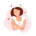 Woman hugging herself with hearts on white background. Love yourself. Love your body concept. Vector illustration. Royalty Free Stock Photo