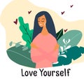 Love yourself. Narcissistic, self-confident girl hugged herself