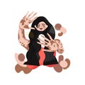 Love yourself with problem vitiligo skin. Self-care body wellness concept. Young woman with open palms. Vector