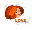 Love yourself vector concept, portrait of cute attractive woman and lettering, be selfish, accept your body.