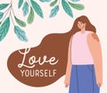 Love yourself vitiligo woman cartoon with leaves vector design