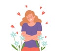 Love yourself. Woman self hug, happy girl in flowers and hearts. Isolated cute female vector character Royalty Free Stock Photo