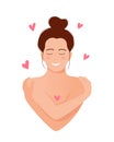 Woman hugging herself with hearts on white background. Love yourself. Love your body concept. Vector illustration. Royalty Free Stock Photo