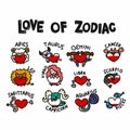 Love of zodiac cartoon doodle set vector illustration