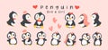 Loveable Valenntine penguin boy and girl hand drawn cartoon set, Cheerful animal character