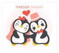 Loveable Valenntine penguin couple holding hand in a wedding theme hand drawn cartoon, perfect for romantic greetings