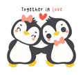 Loveable Valenntine penguin couple holding hand in a whimsical hand drawn cartoon, perfect for romantic greetings and festive