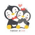 Loveable Valenntine penguin couple hugging in a whimsical hand drawn cartoon, perfect for romantic greetings and festive occasions Royalty Free Stock Photo