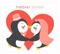 Loveable Valenntine penguin couple kissing in a wedding theme hand drawn cartoon, perfect for romantic greetings