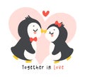 Loveable Valenntine penguin couple kissing in a whimsical hand drawn cartoon, perfect for romantic greetings