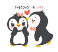 Loveable Valenntine penguin couple kissing in a whimsical hand drawn cartoon, perfect for romantic greetings and festive occasions